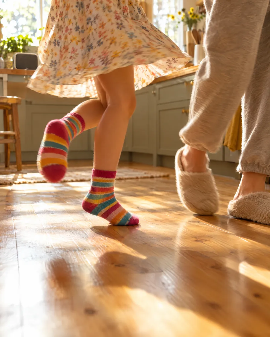 A child in striped socks dancing beside a grown-up on a sunny kitchen floor