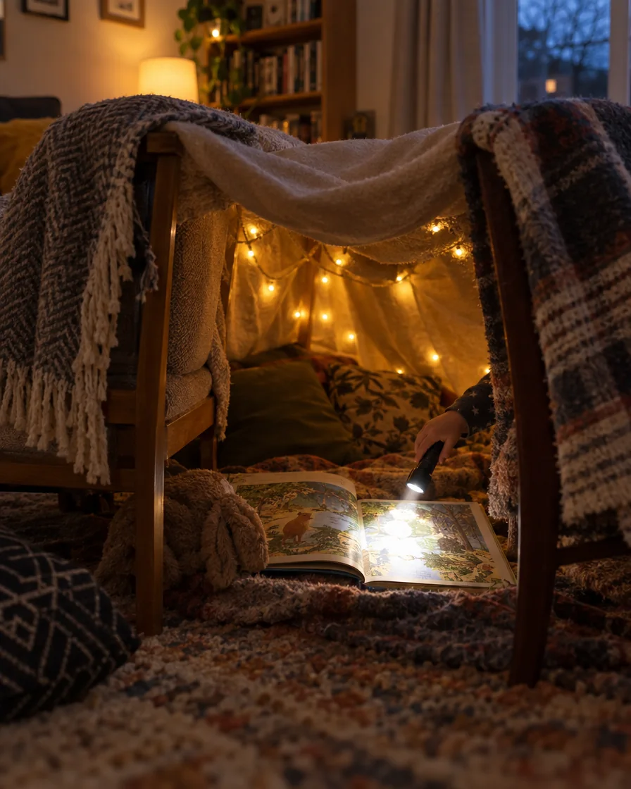 A blanket den lit with fairy lights