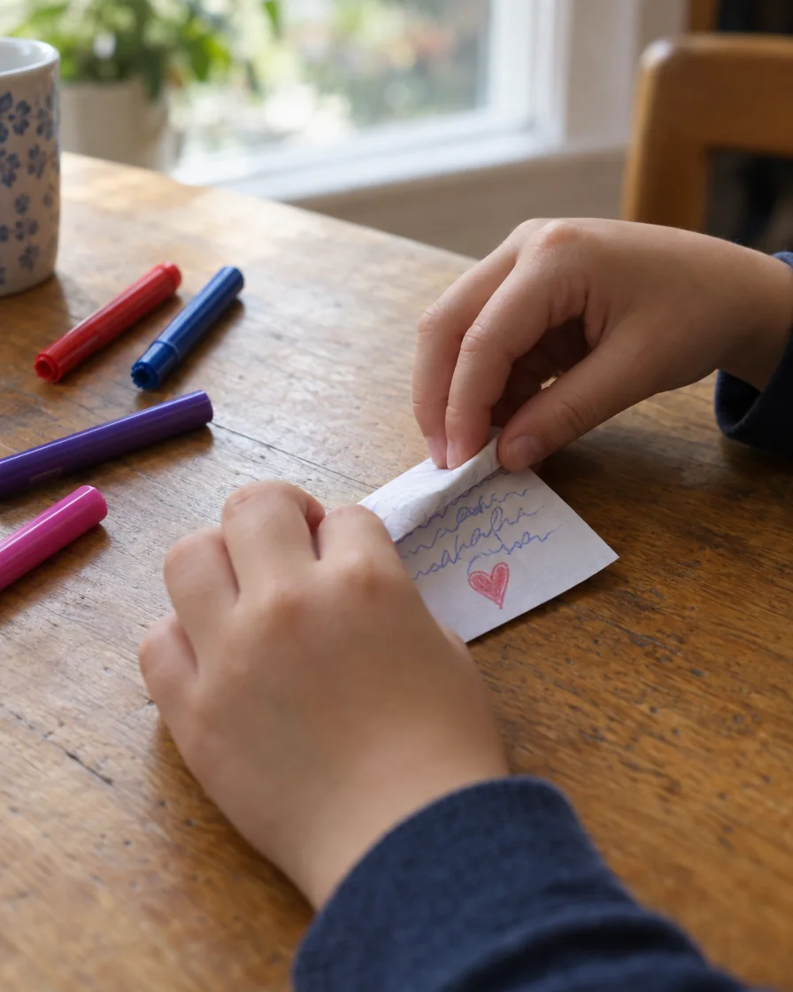A child folding a note with a drawn heart