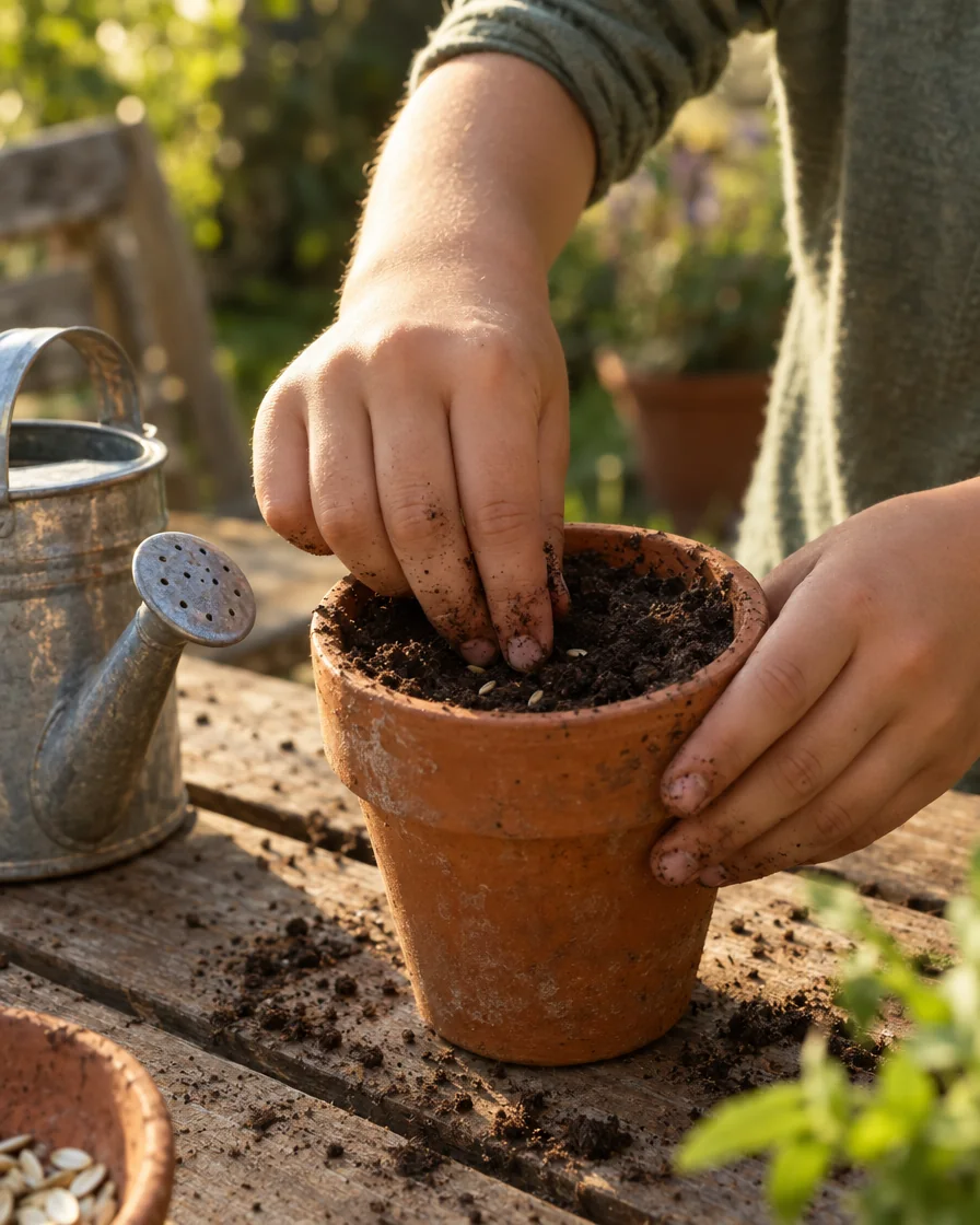 A child pressing seeds into a pot of soil