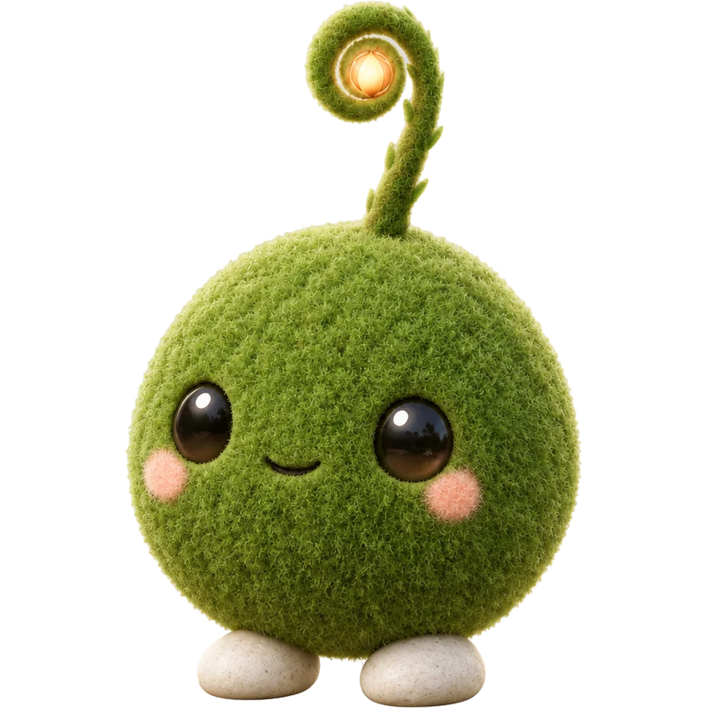 Moss, a small round moss creature with a glowing fern curl